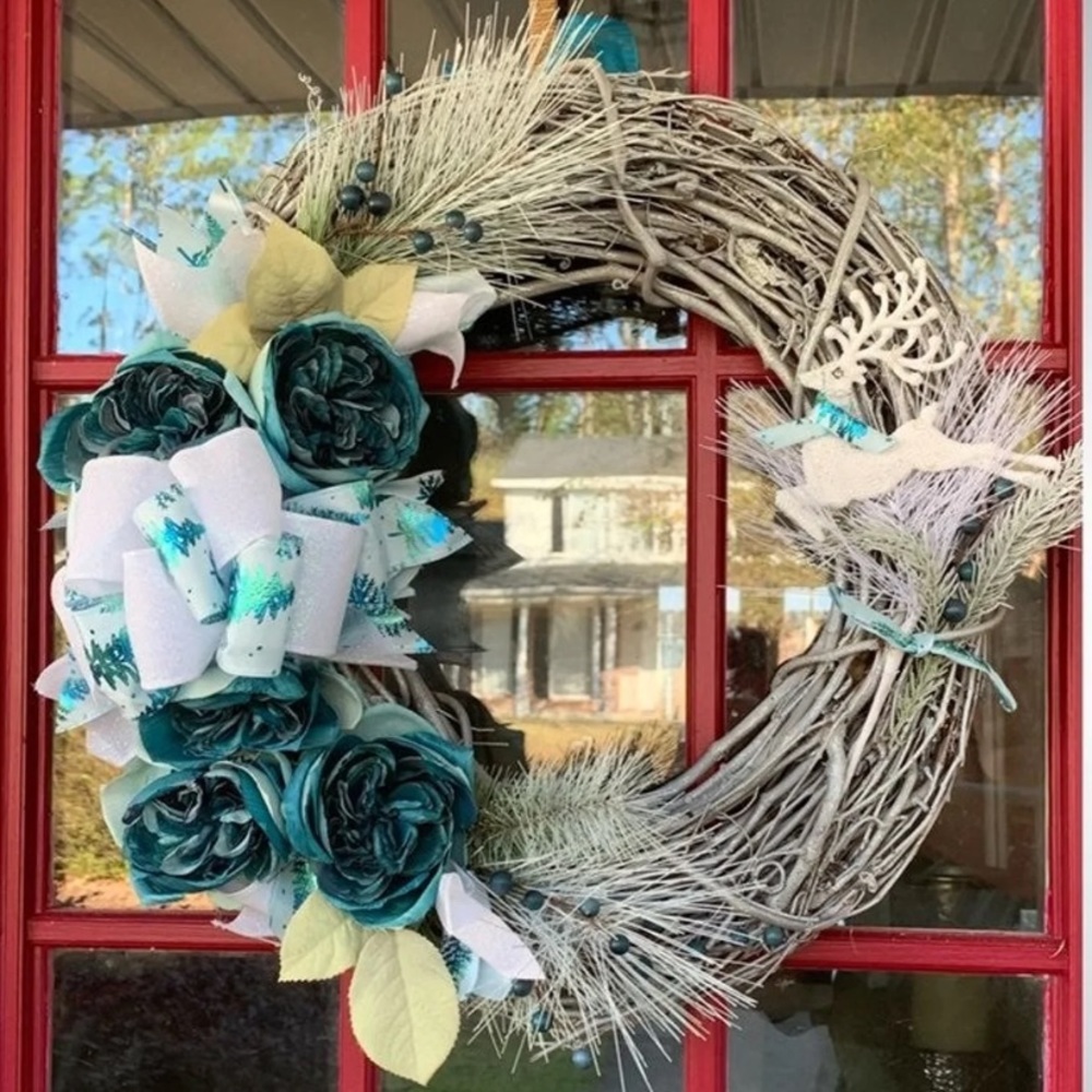 Pretty Handmade Turquoise Silver White Holiday Christmas Wreath & Bow